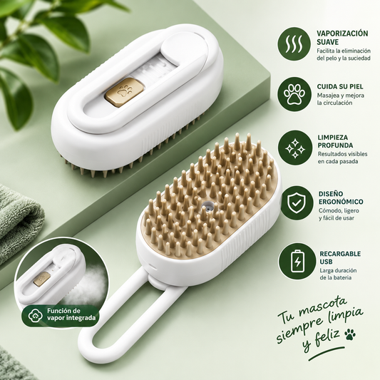 Cepillo Vaporizador 3 en 1 para Perros y Gatos – Desenreda, Limpia y Masajea