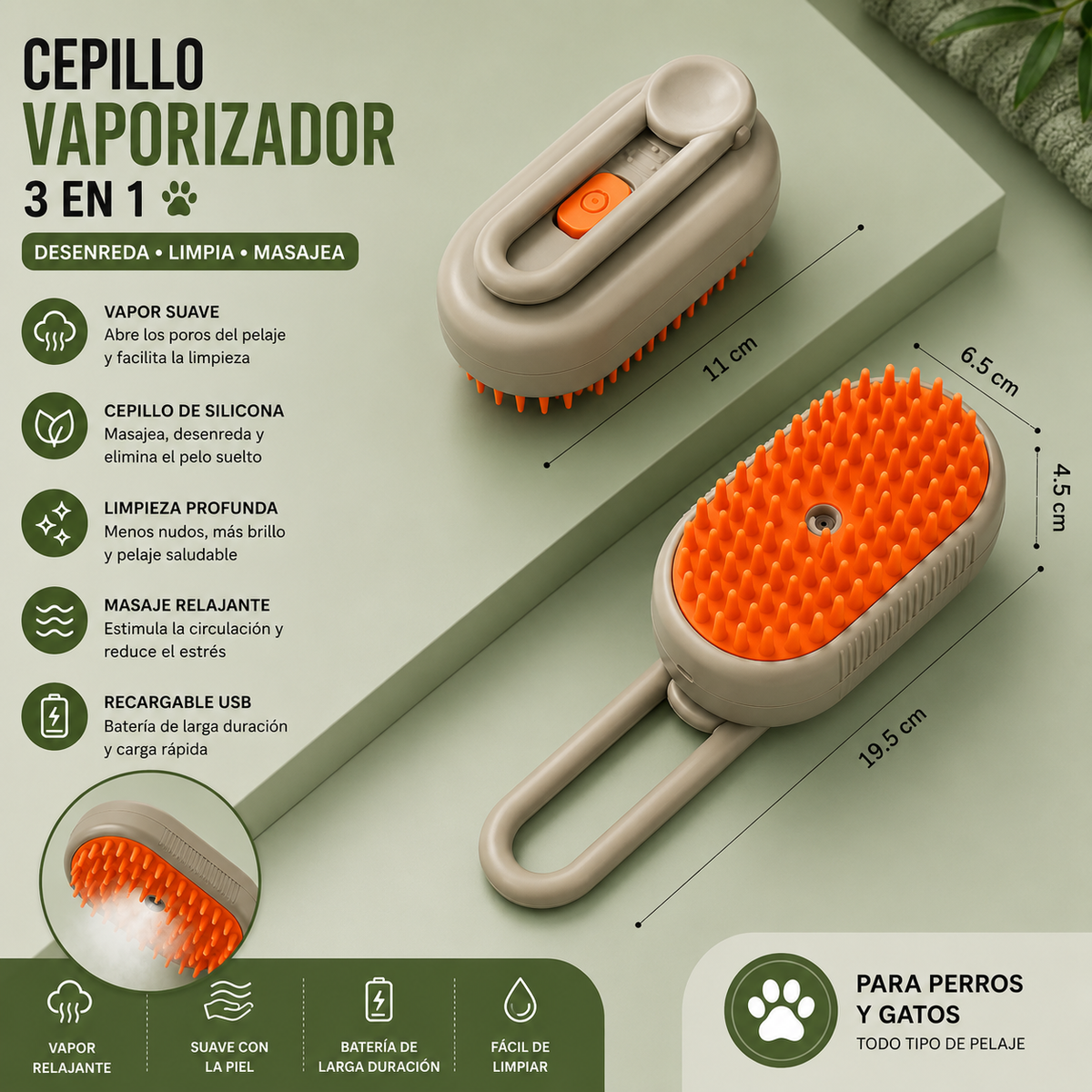 Cepillo Vaporizador 3 en 1 para Perros y Gatos – Desenreda, Limpia y Masajea