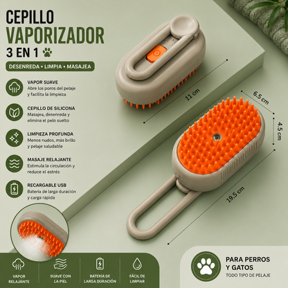 Cepillo Vaporizador 3 en 1 para Perros y Gatos – Desenreda, Limpia y Masajea