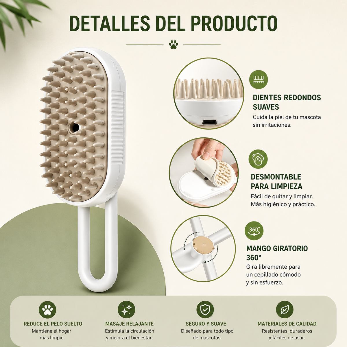 Cepillo Vaporizador 3 en 1 para Perros y Gatos – Desenreda, Limpia y Masajea